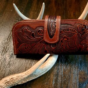 Brown Leather tooled wallet with clasp